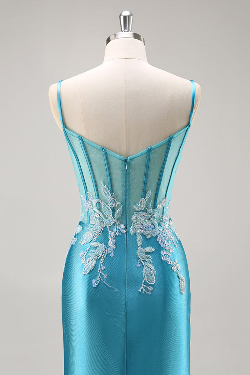 Load image into Gallery viewer, Blue Corset Appliqued Satin Mermaid Long Prom Dress with Slit
