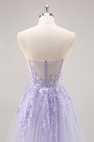 Load image into Gallery viewer, Sparkly Lilac Tulle Strapless Corset Long Prom Dress with Appliques