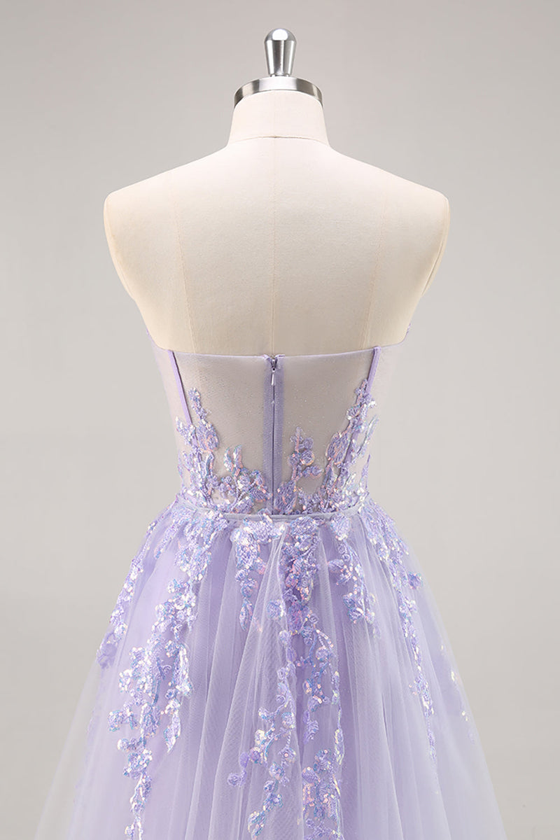 Load image into Gallery viewer, Sparkly Lilac Tulle Strapless Corset Long Prom Dress with Appliques
