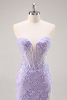 Load image into Gallery viewer, Sparkly Lilac Tulle Strapless Corset Long Prom Dress with Appliques
