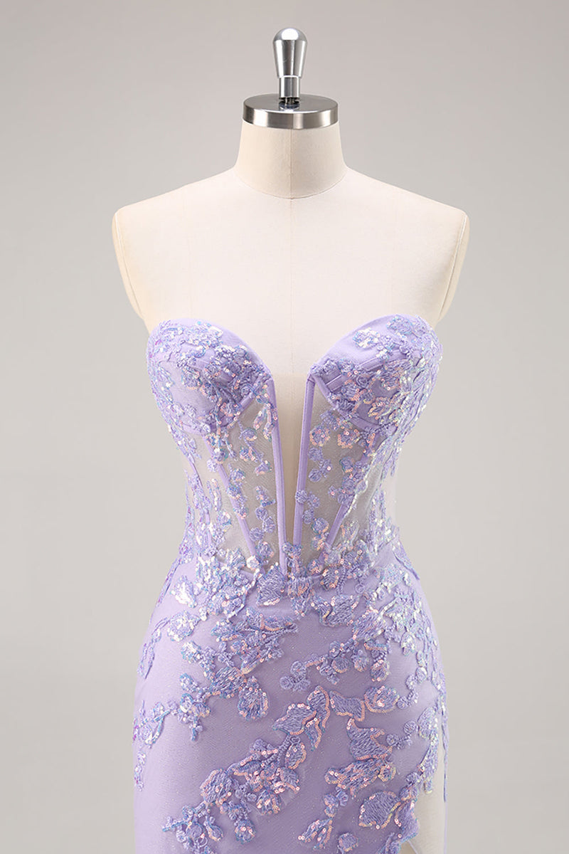 Load image into Gallery viewer, Sparkly Lilac Tulle Strapless Corset Long Prom Dress with Appliques