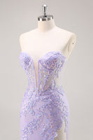 Load image into Gallery viewer, Sparkly Lilac Tulle Strapless Corset Long Prom Dress with Appliques