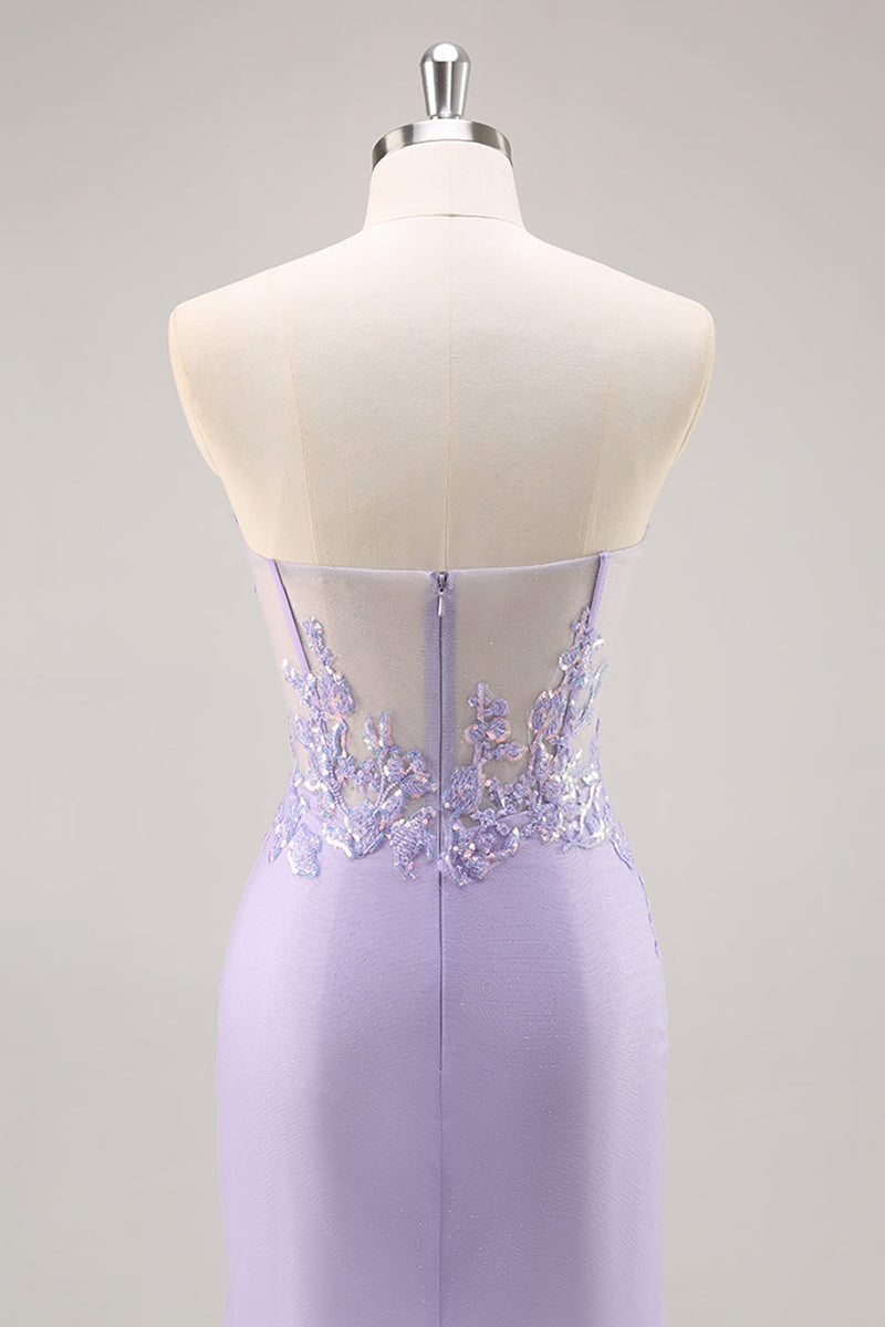 Load image into Gallery viewer, Sparkly Lilac Tulle Strapless Corset Long Prom Dress with Appliques