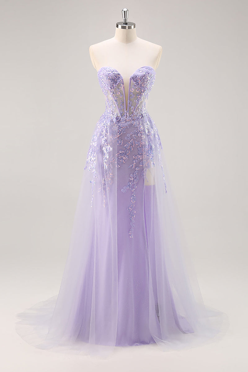 Load image into Gallery viewer, Sparkly Lilac Tulle Strapless Corset Long Prom Dress with Appliques