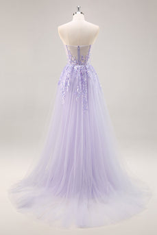 Sparkly Lilac Tulle Strapless Corset Long Prom Dress with Appliques