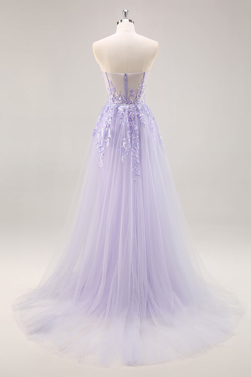 Load image into Gallery viewer, Sparkly Lilac Tulle Strapless Corset Long Prom Dress with Appliques