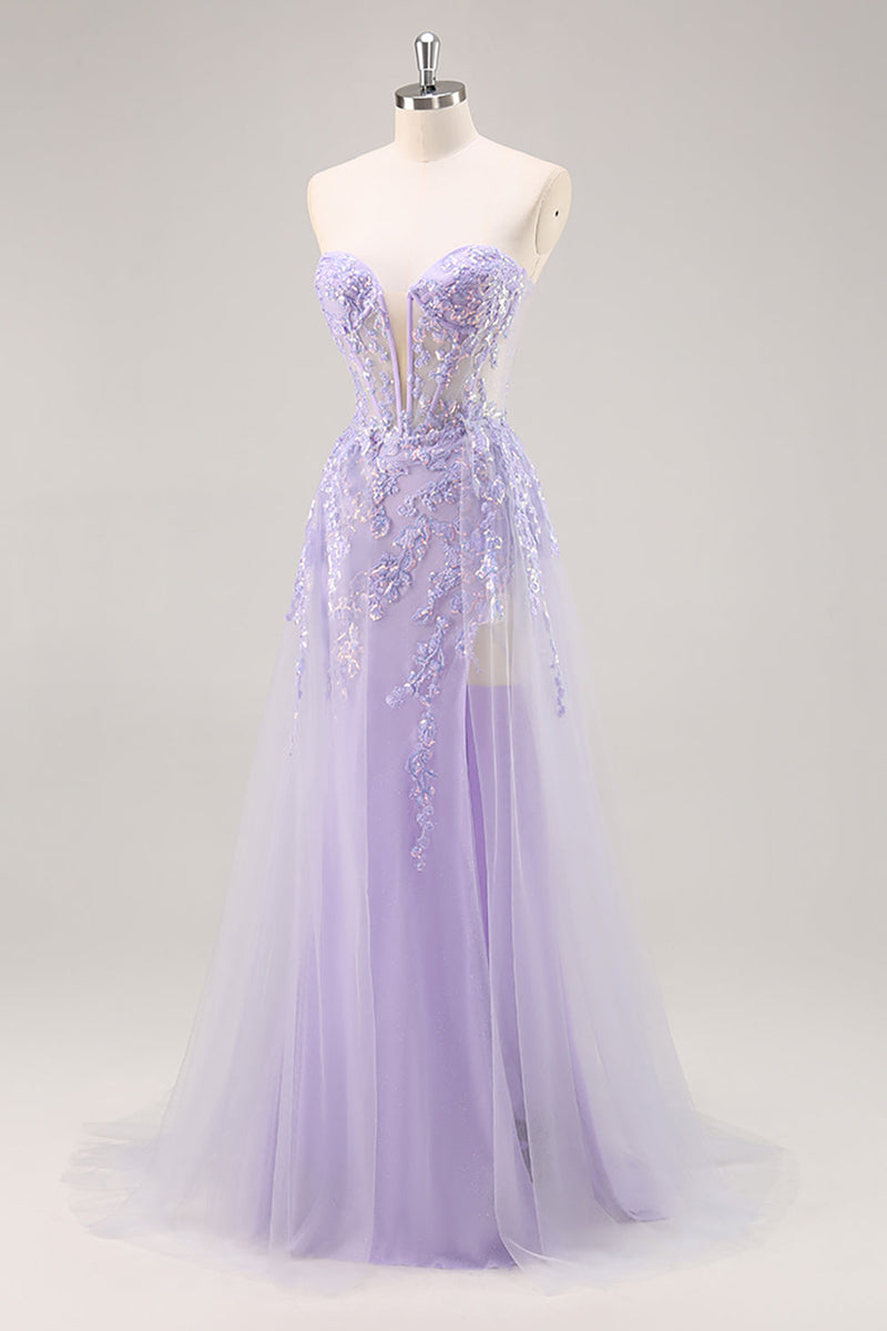 Load image into Gallery viewer, Sparkly Lilac Tulle Strapless Corset Long Prom Dress with Appliques