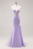 Load image into Gallery viewer, Sparkly Lilac Tulle Strapless Corset Long Prom Dress with Appliques