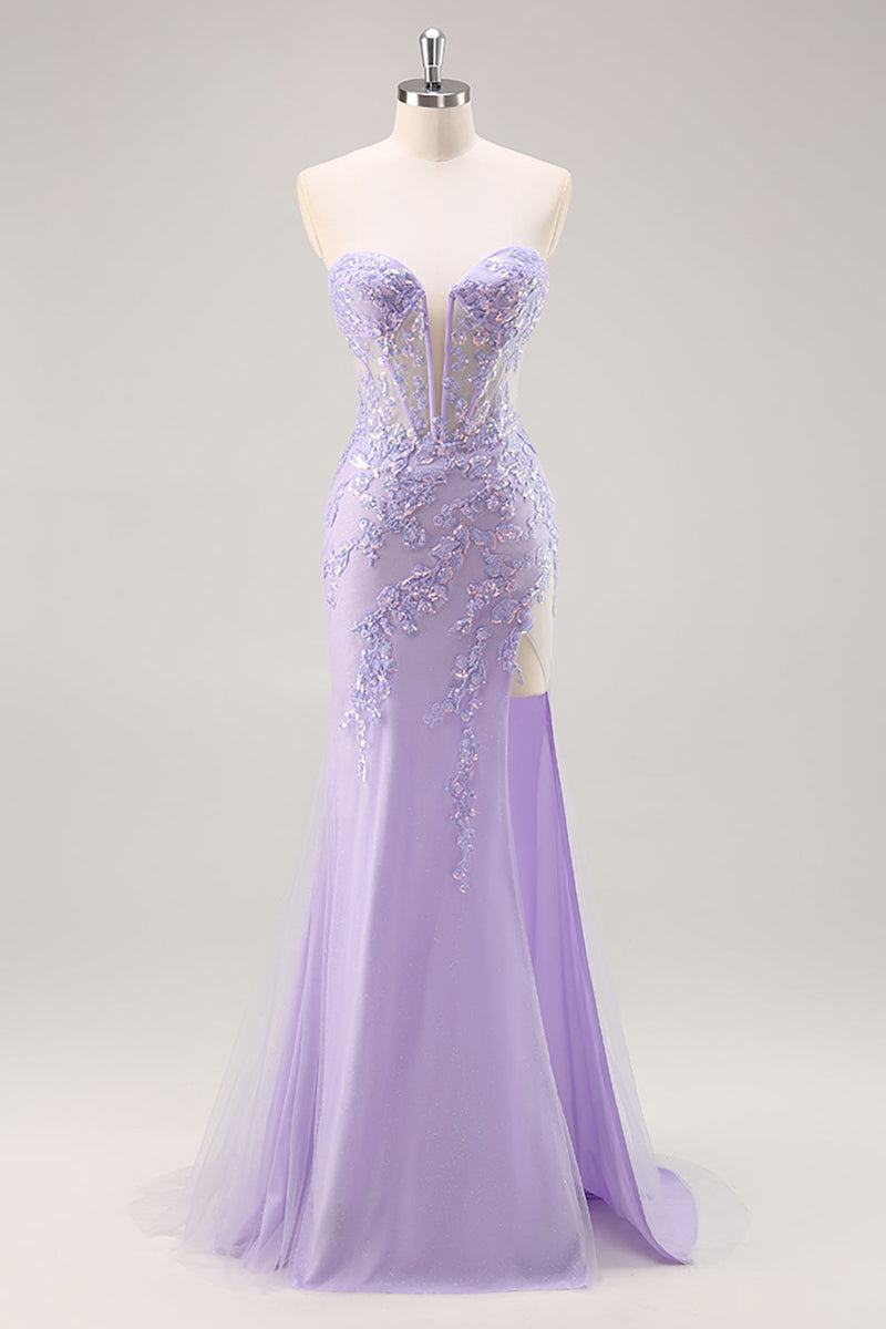 Load image into Gallery viewer, Sparkly Lilac Tulle Strapless Corset Long Prom Dress with Appliques