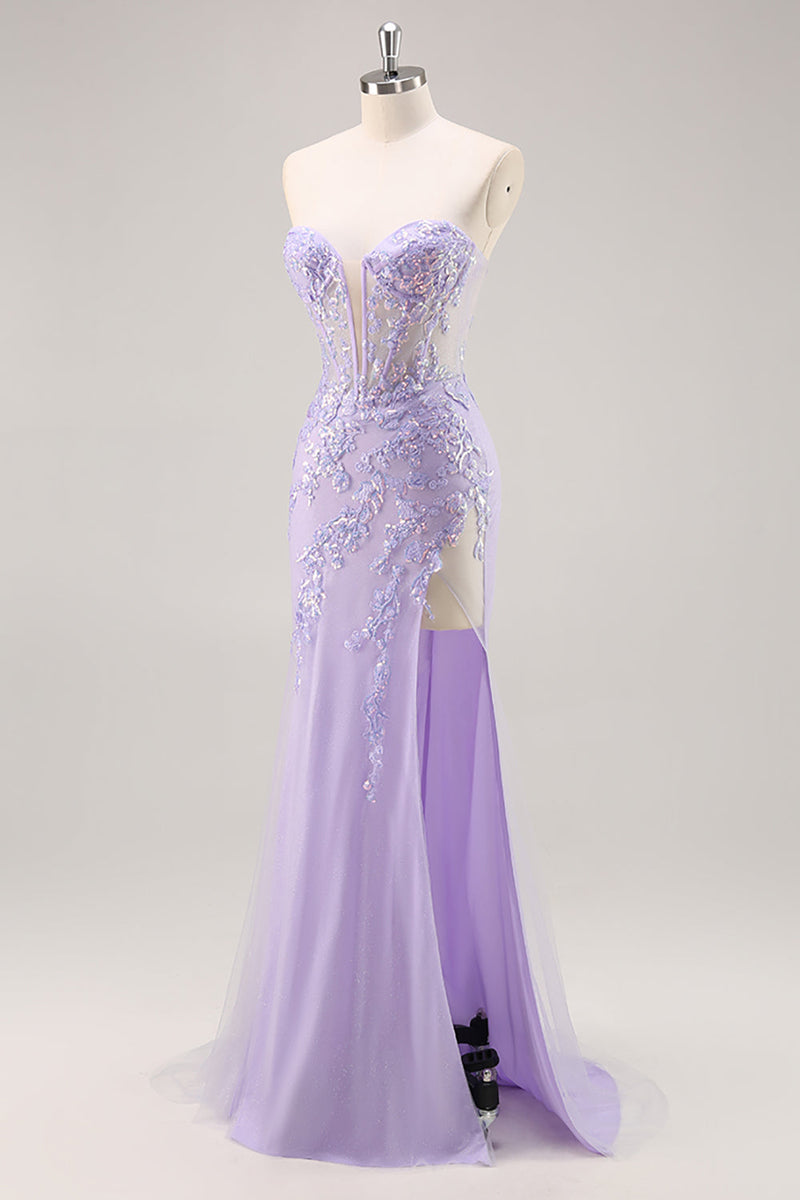 Load image into Gallery viewer, Sparkly Lilac Tulle Strapless Corset Long Prom Dress with Appliques