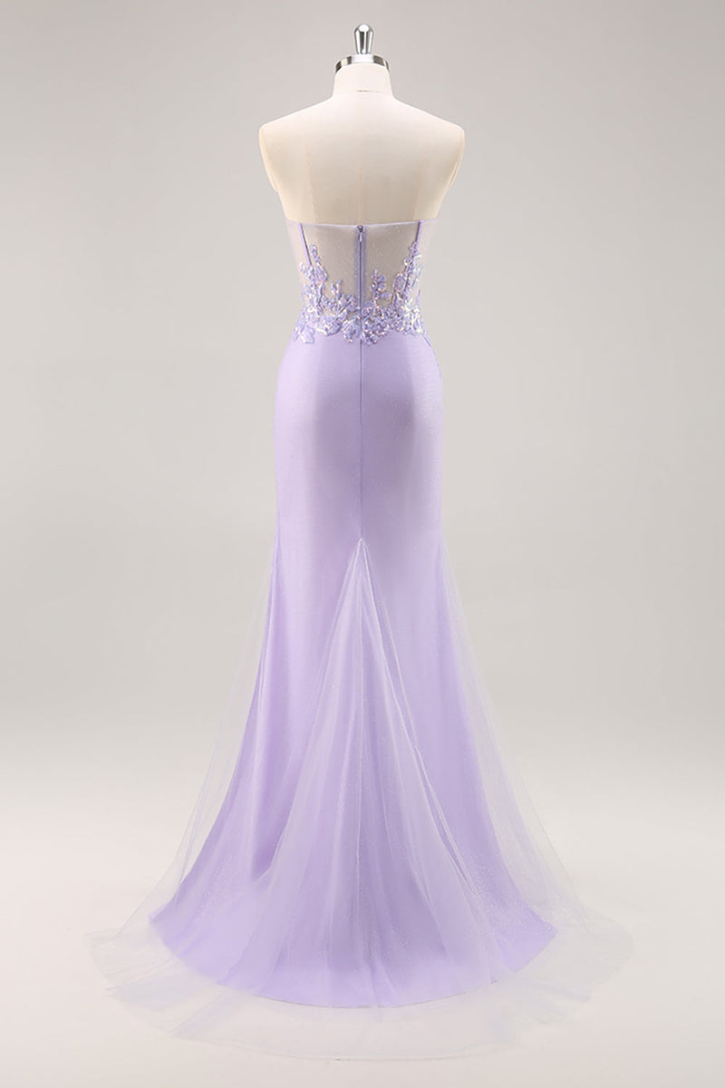 Load image into Gallery viewer, Sparkly Lilac Tulle Strapless Corset Long Prom Dress with Appliques