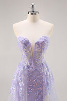 Load image into Gallery viewer, Sparkly Lilac Tulle Strapless Corset Long Prom Dress with Appliques