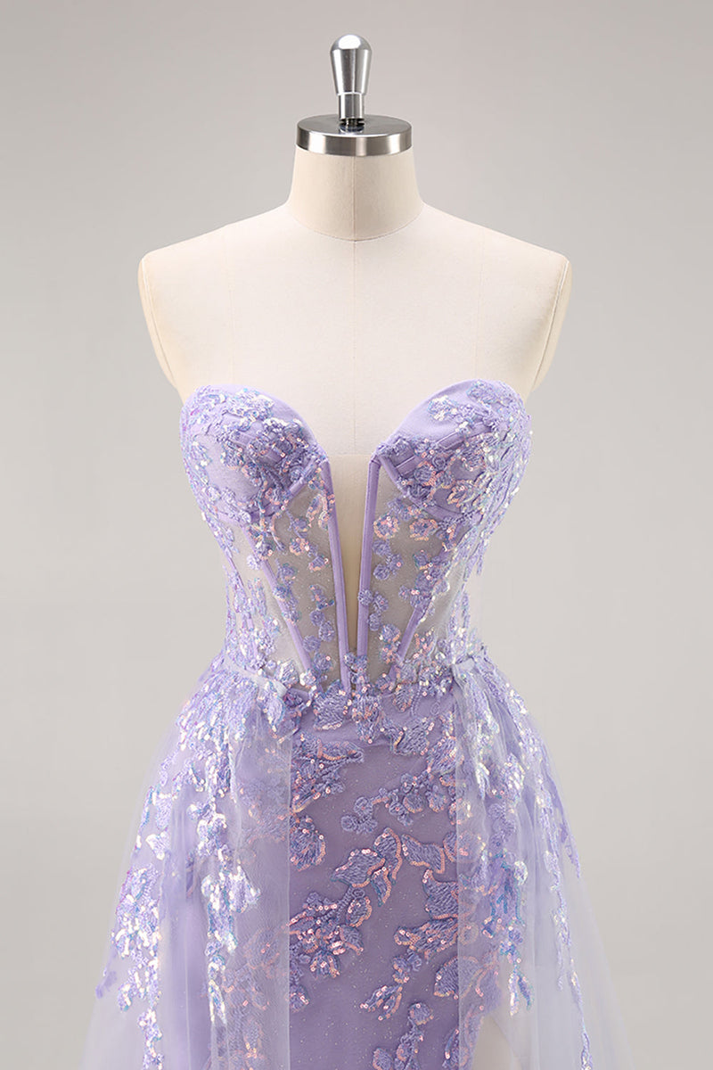Load image into Gallery viewer, Sparkly Lilac Tulle Strapless Corset Long Prom Dress with Appliques