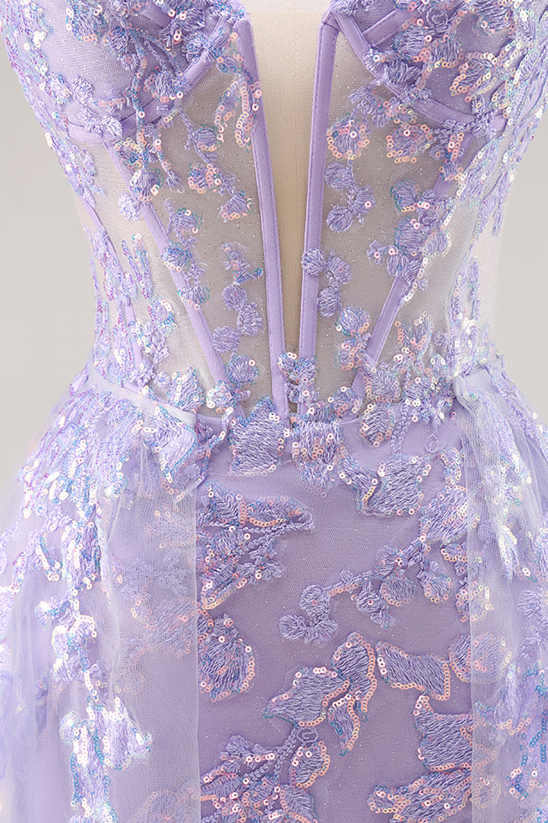 Load image into Gallery viewer, Sparkly Lilac Tulle Strapless Corset Long Prom Dress with Appliques