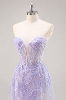 Load image into Gallery viewer, Sparkly Lilac Tulle Strapless Corset Long Prom Dress with Appliques