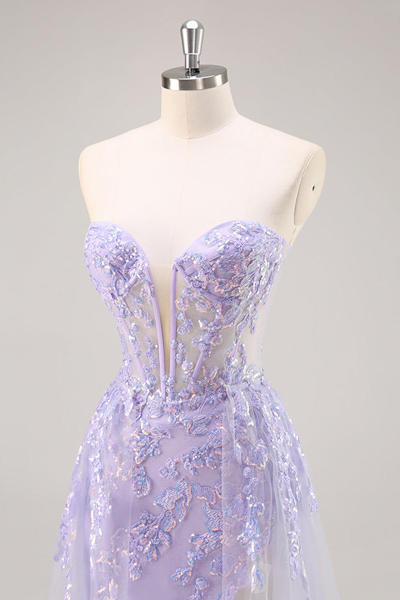 Load image into Gallery viewer, Sparkly Lilac Tulle Strapless Corset Long Prom Dress with Appliques