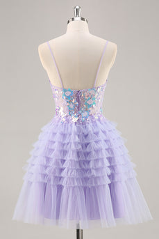 Sparkly Purple Floral Corset Tiered Short Prom Dress with Ruffles