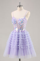 Load image into Gallery viewer, Sparkly Purple Floral Corset Tiered Short Prom Dress with Ruffles