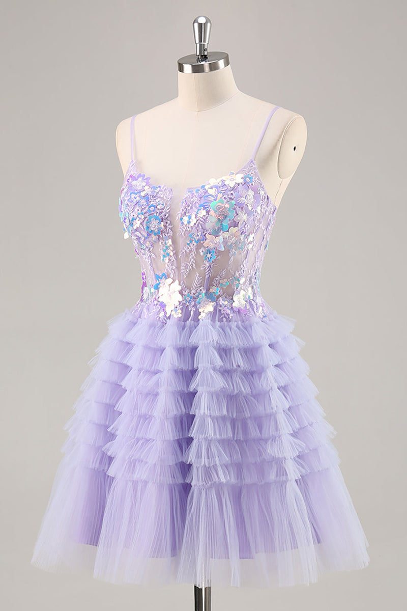 Load image into Gallery viewer, Sparkly Purple Floral Corset Tiered Short Prom Dress with Ruffles