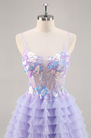 Load image into Gallery viewer, Sparkly Purple Floral Corset Tiered Short Prom Dress with Ruffles