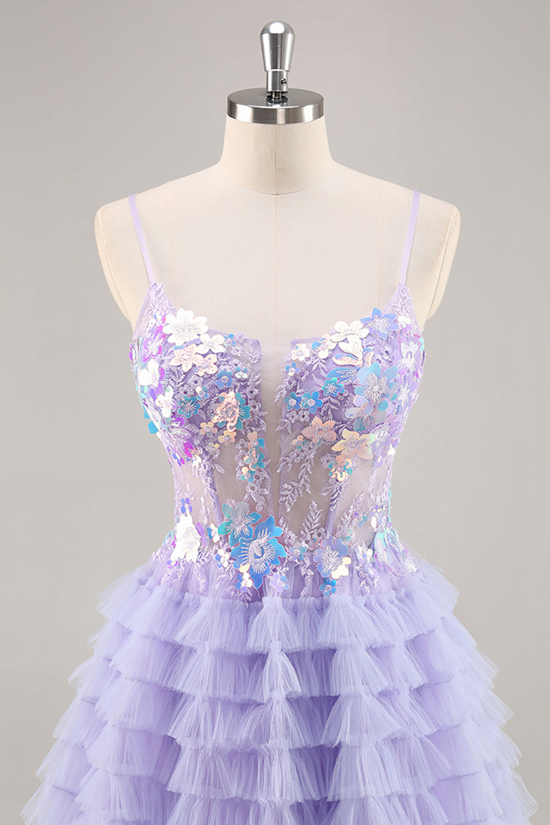 Load image into Gallery viewer, Sparkly Purple Floral Corset Tiered Short Prom Dress with Ruffles