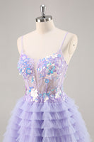 Load image into Gallery viewer, Sparkly Purple Floral Corset Tiered Short Prom Dress with Ruffles