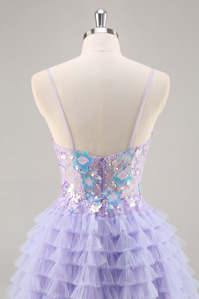 Load image into Gallery viewer, Sparkly Purple Floral Corset Tiered Short Prom Dress with Ruffles