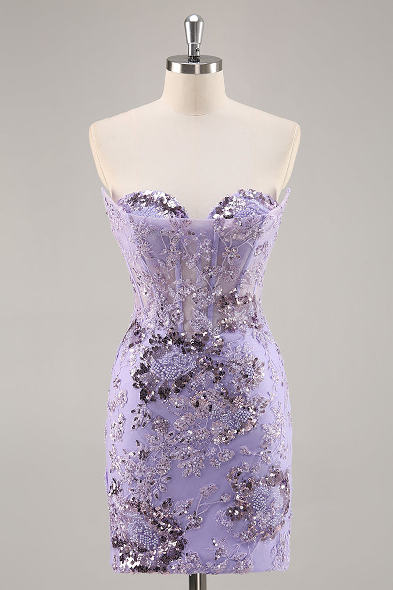 Load image into Gallery viewer, Sparkly Purple Corset Sequin Floral Short Prom Dress with Lace