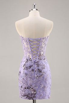 Sparkly Purple Corset Sequin Floral Short Prom Dress with Lace