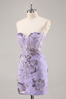 Load image into Gallery viewer, Sparkly Purple Corset Sequin Floral Short Prom Dress with Lace