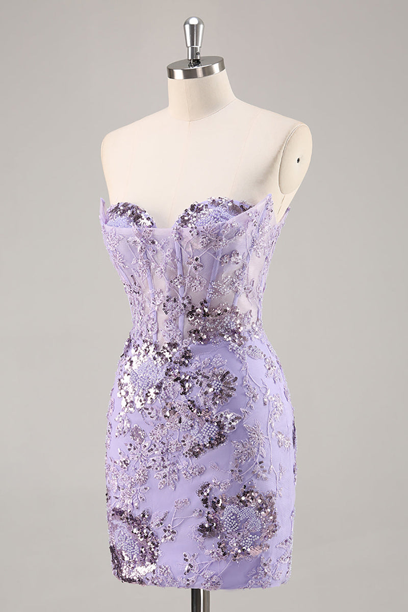 Load image into Gallery viewer, Sparkly Purple Corset Sequin Floral Short Prom Dress with Lace