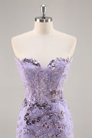 Load image into Gallery viewer, Sparkly Purple Corset Sequin Floral Short Prom Dress with Lace