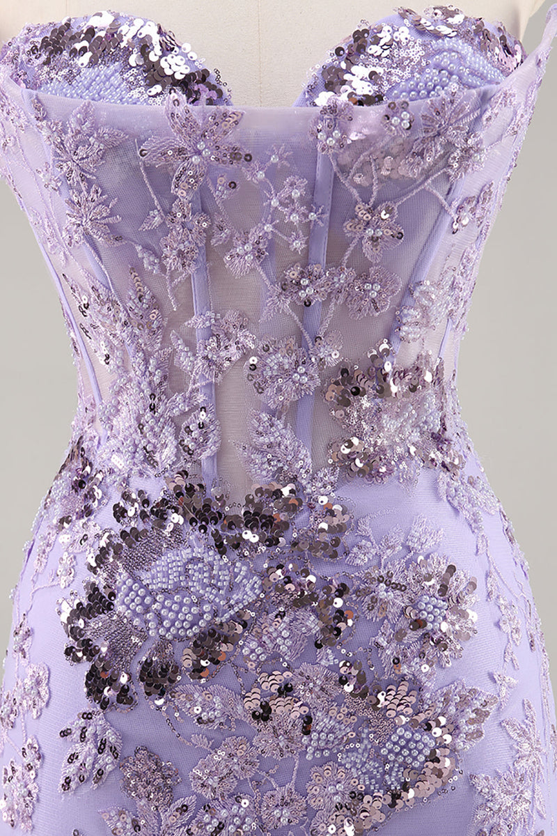 Load image into Gallery viewer, Sparkly Purple Corset Sequin Floral Short Prom Dress with Lace