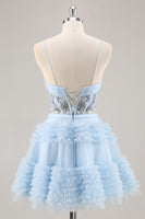 Load image into Gallery viewer, Sparkly Blue Corset Floral Ruffled Short Prom Dress with Beading
