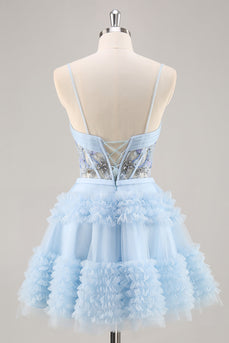 Sparkly Blue Corset Floral Ruffled Short Prom Dress with Beading