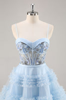 Load image into Gallery viewer, Sparkly Blue Corset Floral Ruffled Short Prom Dress with Beading