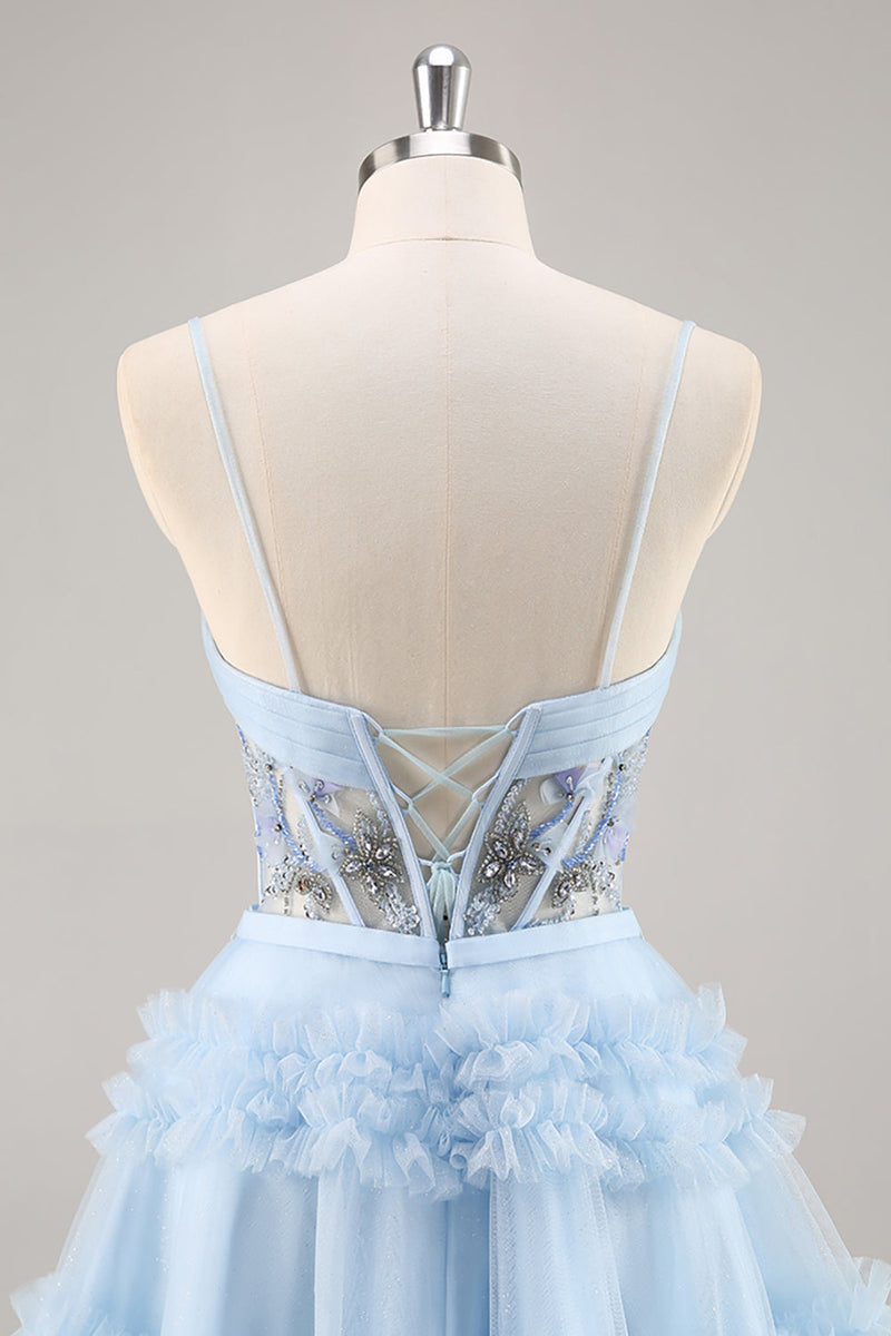 Load image into Gallery viewer, Sparkly Blue Corset Floral Ruffled Short Prom Dress with Beading