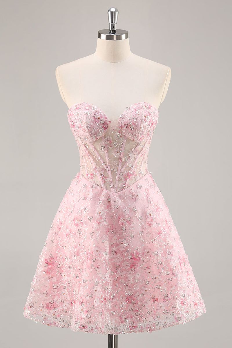 Load image into Gallery viewer, Sparkly Pink Corset Floral Sweetheart Short Prom Dress with Sequins