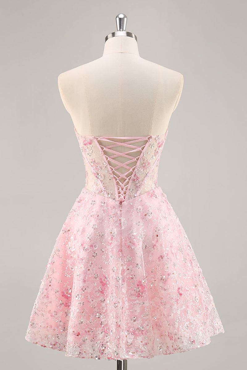 Load image into Gallery viewer, Sparkly Pink Corset Floral Sweetheart Short Prom Dress with Sequins
