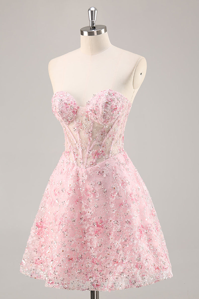 Load image into Gallery viewer, Sparkly Pink Corset Floral Sweetheart Short Prom Dress with Sequins