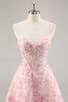Load image into Gallery viewer, Sparkly Pink Corset Floral Sweetheart Short Prom Dress with Sequins