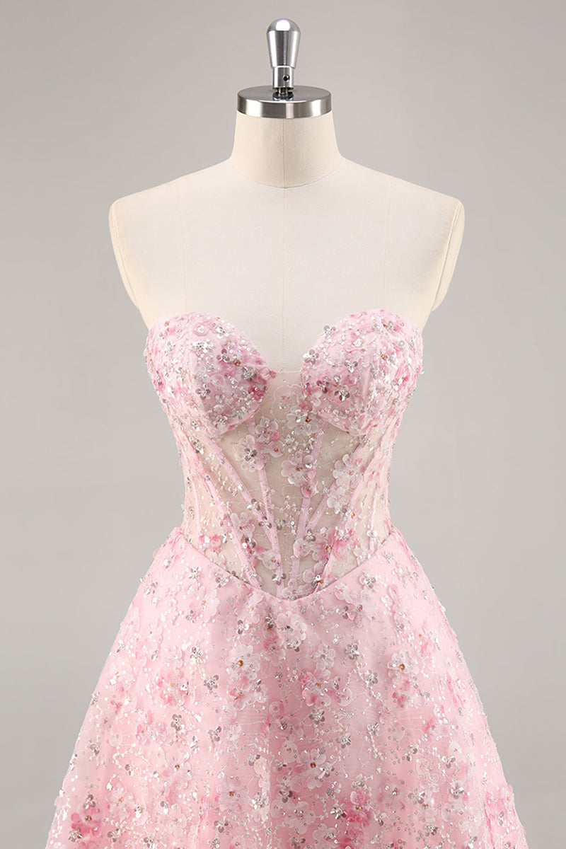 Load image into Gallery viewer, Sparkly Pink Corset Floral Sweetheart Short Prom Dress with Sequins