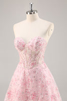 Load image into Gallery viewer, Sparkly Pink Corset Floral Sweetheart Short Prom Dress with Sequins