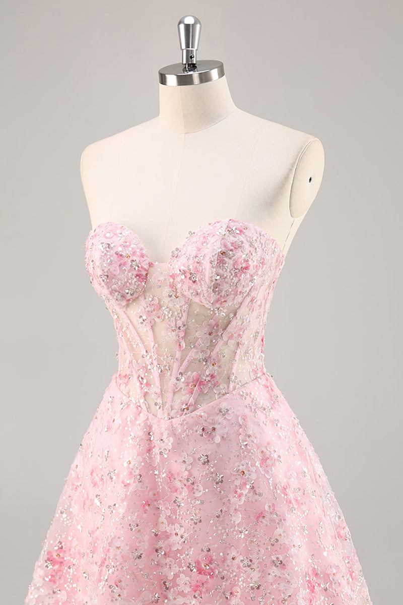 Load image into Gallery viewer, Sparkly Pink Corset Floral Sweetheart Short Prom Dress with Sequins