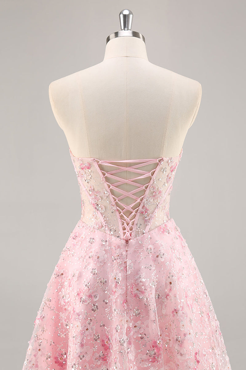 Load image into Gallery viewer, Sparkly Pink Corset Floral Sweetheart Short Prom Dress with Sequins