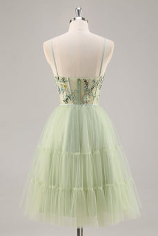 Green Floral Corset Tulle Short Prom Dress with Appliques