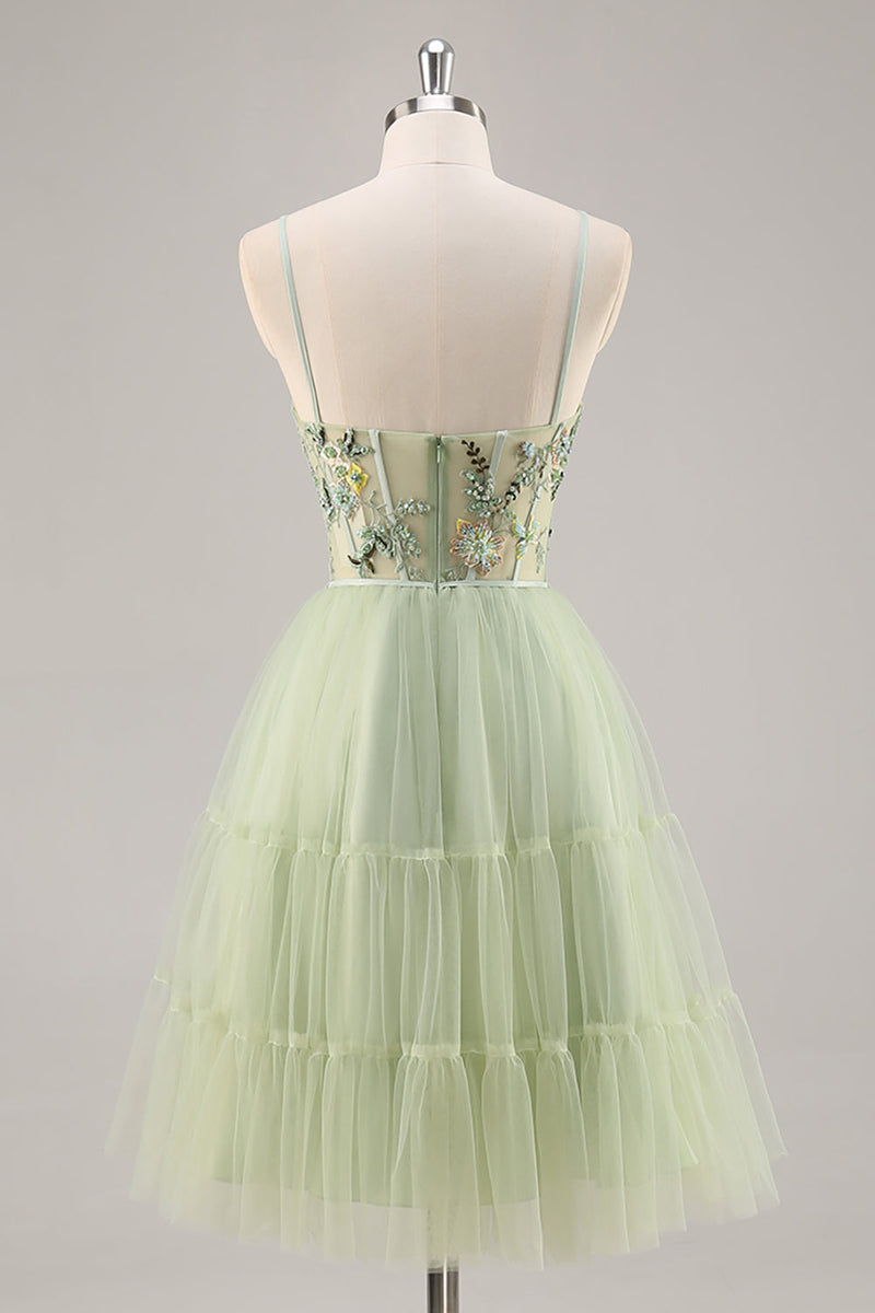Load image into Gallery viewer, Green Floral Corset Tulle Short Prom Dress with Appliques