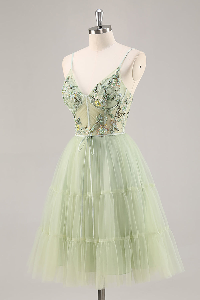 Load image into Gallery viewer, Green Floral Corset Tulle Short Prom Dress with Appliques