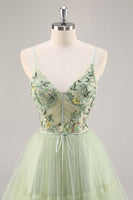 Load image into Gallery viewer, Green Floral Corset Tulle Short Prom Dress with Appliques