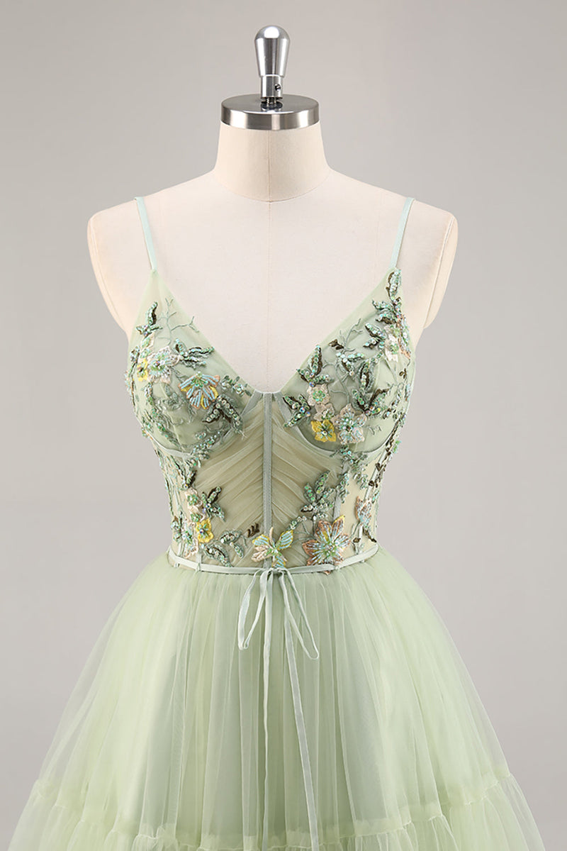 Load image into Gallery viewer, Green Floral Corset Tulle Short Prom Dress with Appliques